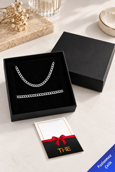 The Collection Boxed Gourmet Silver Steel Necklace and Bracelet Men's Gift Se...