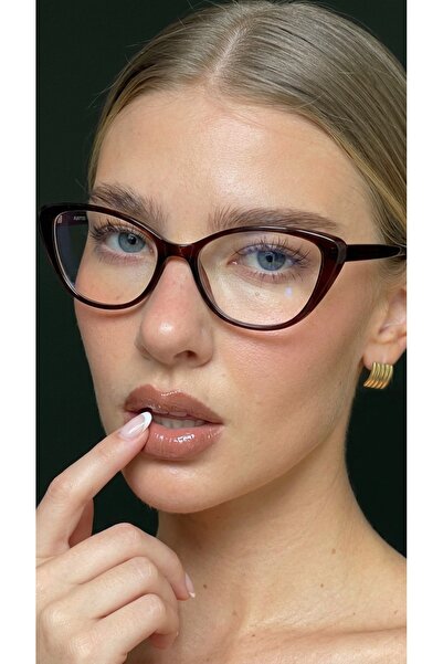 funeyes Diana Brown Cat Eye Slim Thin Frame H Lightweight Blue Light Protecti...