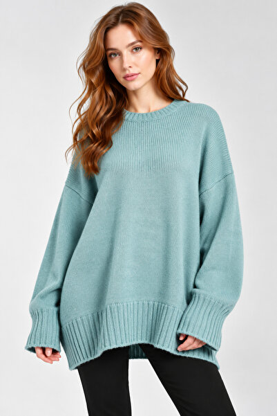 İLKCET MODA Oversize Basic Mint Uzun Kadın Kazak