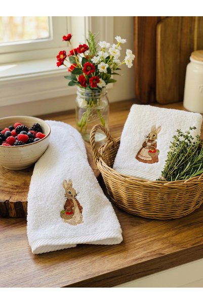 HOME OF BLOSSOM 2Li Vintage Rabbit Cotton Embroidered White Double Hand Towel Set 30X50Cm