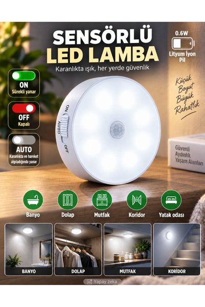 Unichrome 4 Adet Hareket Sensörlü 8 Ledli Usb Şarjlı Beyaz Led Işık On/auto/off Modlu Dolap Içi, Koridor