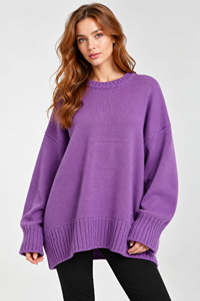 İLKCET MODA Oversize Basic Açık Mor Uzun Kadın Kazak