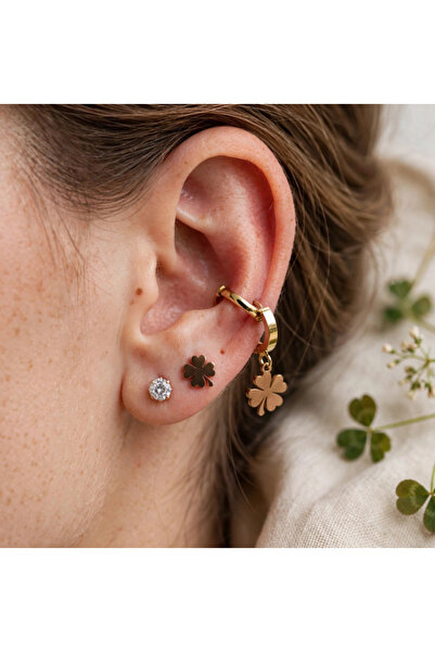 zerzembe Set of 6 Clover and Zircon Stone Earrings Made of Stainless Steel, F...