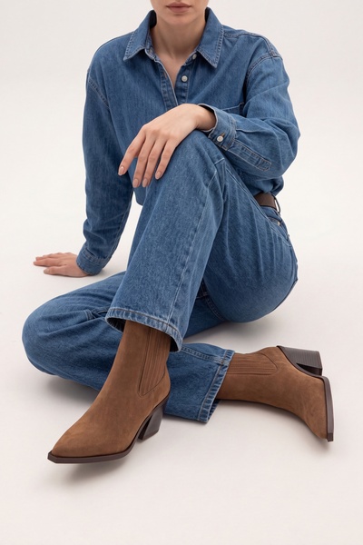 Marjin Women's Pointed Toe Cowboy Elastic Western Boots Erbe Tan Suede
