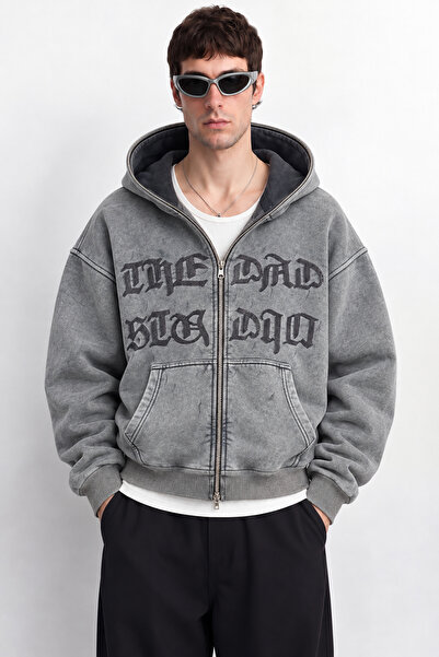 Premium Yıkama Efektli Oversize Fermuarlı Hoodie Hırka Zip Sweatshirt - Gri