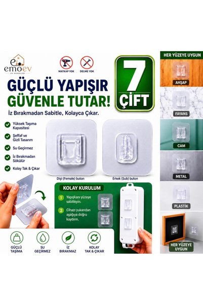 Emoev 7 Çift Şeffaf Çift Taraflı Geçmeli Yapışkanlı Askı Priz Ve Tablo Sabitl...