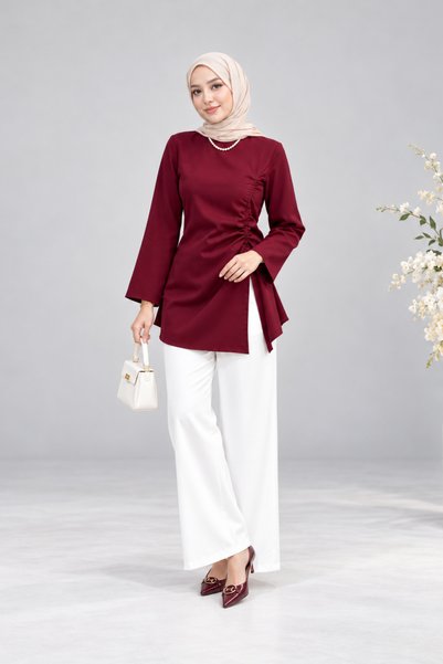Tarzım Tuba Asel Gathered Asymmetrical Blouse Burgundy
