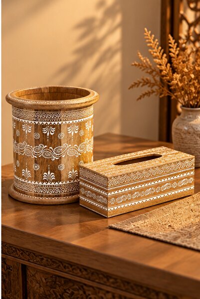 Generic Brand Wooden Trash Can and Tissue Box Set with White Hand Painted Pat...