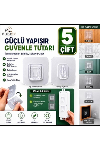 Emoev 5'Li Şeffaf Çift Taraflı Geçmeli Yapışkanlı Askı Priz Ve Tablo Sabitley...