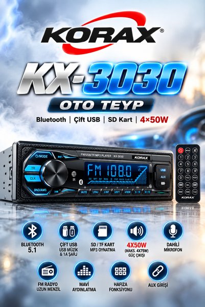Korax KX-3030 Bluetooth Çift USB Girişli Rgb Çok Renkli Oto Teyp 4 x 50 W / M...
