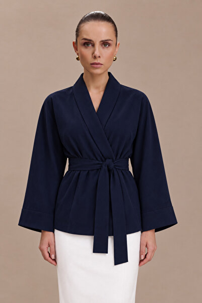 Glowear Atelier Women's Navy Blue Kimono Jacket - Oversized Belted Woven Tok ...