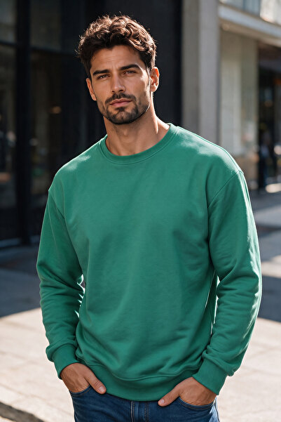 Erkek Nefti Yeşili Oversize Bisiklet Yaka Sweatshirt
