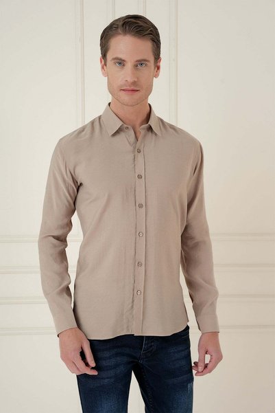 Efor Slim Fit 100% Modal Men's Collared Long Sleeve Beige Shirt Gk 743