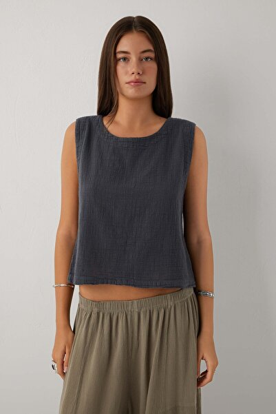 İpekçi Otantik Nomad Flam Textured Sleeveless Blouse Anthracite
