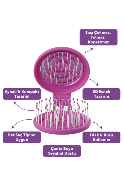 PROCO Beauty Makaron Saç Fırçası - 3D Esnek, Aynalı, Çanta Boy - Compact Detangler