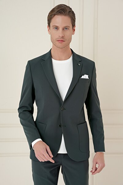 Efor Slim Fit Torba Cep Esnek Spandex Karışımlı Düz Nefti Blazer Ceket C 696
