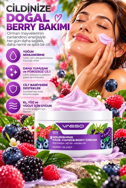 VASSO Skin Wave Besleyici Yoğun Nemlendirici El Yüz ve Vücut Kremi – Berry Burst 250ml