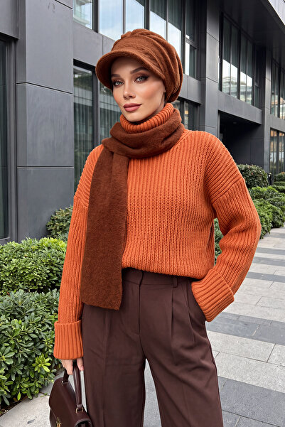 Aisha's Design Winter Plain Cashmere Visor Hat and Scarf Set, Bat-2Dk, Brown