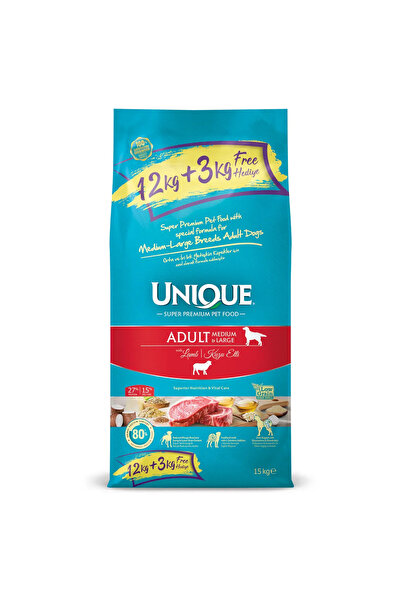 Unique Orta ve İri Irk Yetişkin Köpek Maması Kuzu Etli 15 kg (12+3 kg)