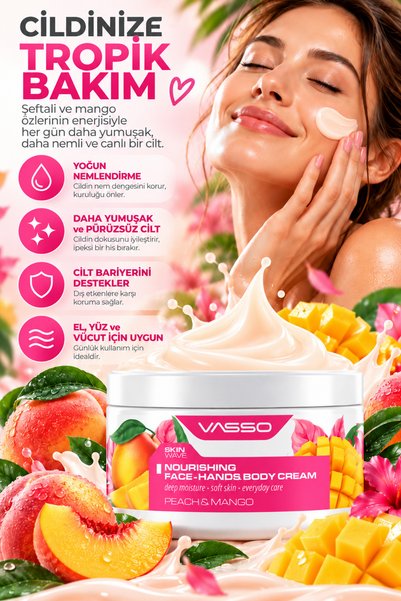 VASSO Skin Wave Besleyici Yoğun Nemlendirici El Yüz ve Vücut Kremi – Peach & Mango 250ml