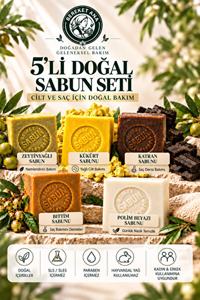 5'li Doğal Sabun Seti Kükürt Katran Bıttım Zeytinyağlı Polimbeyazı El Yapımı Özel Kutu
