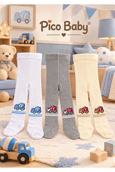 3lü Unisex Bebek & Çocuk Pamuklu Külotlu Çorap Renkli Araba Desenli