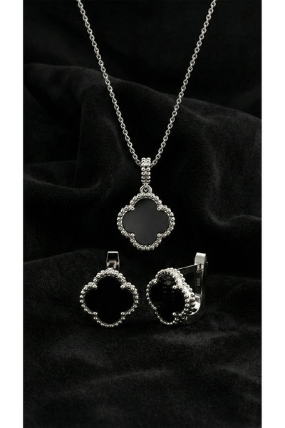 Erdobia 925 Ayar Oniks Taşlı Rodyum Yonca Kolye Küpe 2'li Gümüş Set-Takım