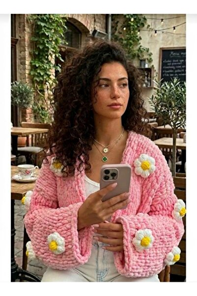 HÜMANATURAL Özel Tasarım El Örgüsü Pembe Puffy Hırka Pinterest Hırka Chunky H...