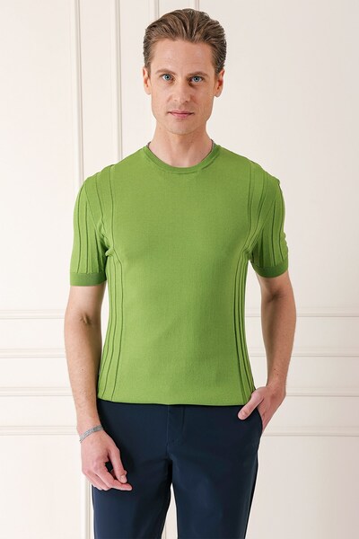Efor Slim Fit Bisiklet Yaka Kısa Kol Yeşil Triko Tr 869