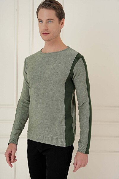 Efor Erkek Slim Fit Yünlü Haki Yeşil Triko Kazak TR 871