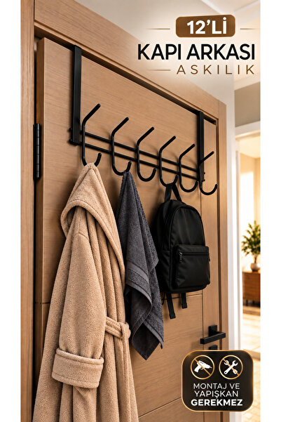 MultiStore Siyah Paslanmaz Metal 12li Mutfak ve Banyo Geçmeli Kapı Arkası Ask...