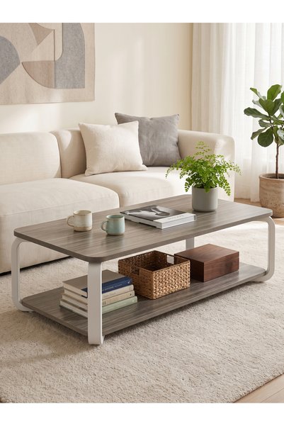 Taimi Wooden Coffee Table and White Metal Frame With Double Layer Storage Spa...