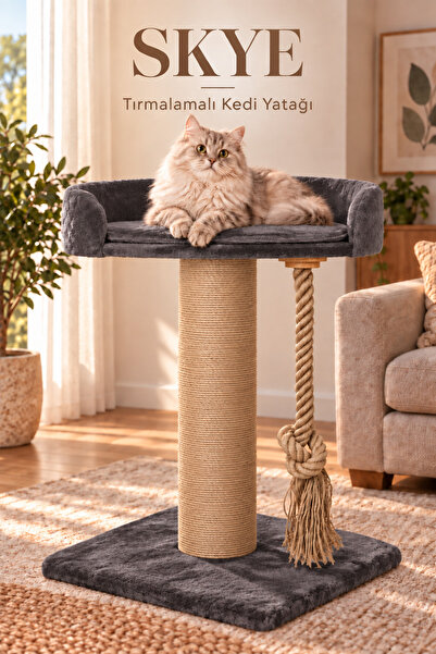 Yataklı SKYE Kedi Tırmalama Tahtası, Kalın Gövdeli Doğal Jüt Kedi Tırmalama Ağacı, 100x60cm