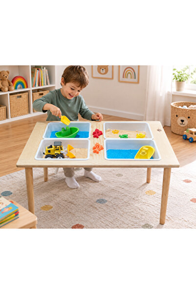 Masal Oyuncak Ahşap Kum ve Su Masası – 4 Bölmeli Duyu Masası