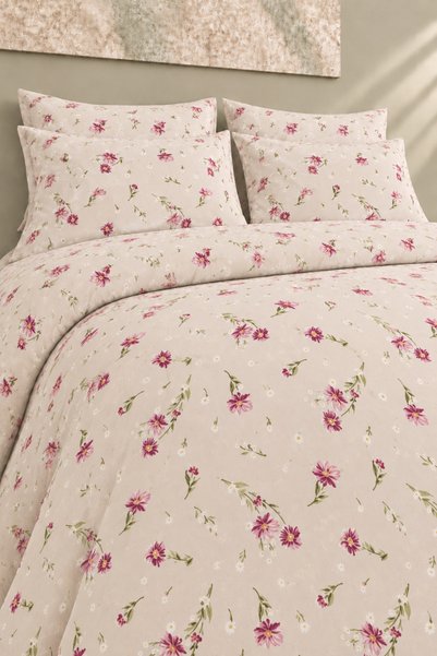 Flower %100 Pamuk Çift kişilik Lastikli Çarşaflı Nevresim Takımı 200x220 Çiçekli Desen İlik Düğmeli