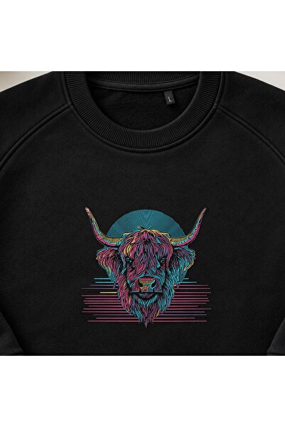 KEYFHOME Neon Retro Scottish Bull Embroidered Crew Neck Sweatshirt Unisex