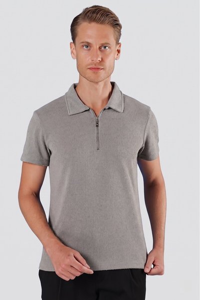 Efor Slim Fit Cotton Zippered Polo Collar Gray T-Shirt Ts 871