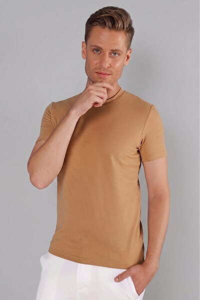 Efor Slim Fit Crew Neck Textured Patterned Cotton Beige T-Shirt Ts 852