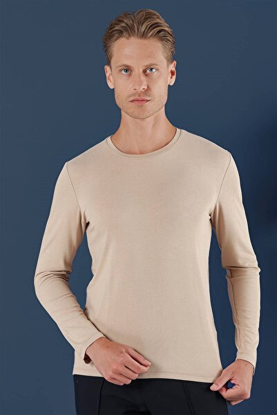 Efor Slim Fit Esnek Pamuklu Uzun Kollu Bej Tişört Ts 870
