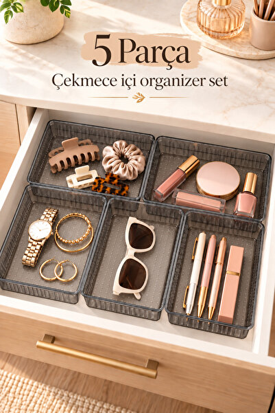 5’li Çekmece İçi Düzenleyici Organizer Seti Şeffaf Çok Amaçlı Makyaj ve Aksesuar Düzenleyici
