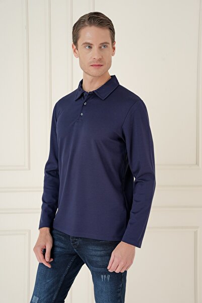 Efor Slim Fit Cotton Long Sleeve Buttoned Navy Blue Polo Collar T-Shirt Ts 893