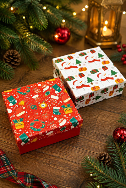 KOLİX 2‘li Yılbaşı Hediye Kutusu 20x20 cm Hediye paketi Taslama Kutu Kardan A...