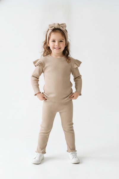 babykugu Ruffled Ribbed Corded Fabric Cotton Stretchy Bottom Top Set and Bandana 3-Piece Set
