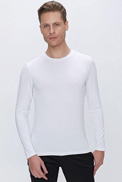 Efor Slim Fit Bisiklet Yaka Esnek Uzun Kollu Beyaz Tişört TS 842