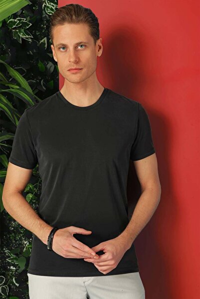 Efor Slim Fit Bisiklet Yaka %100 Pamuk Antrasit Tişört Ts 878