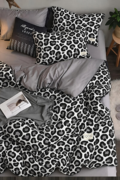 İQON Σετ Παπλωματοθήκη σεντόνια Μονό Leopard Pure Black White