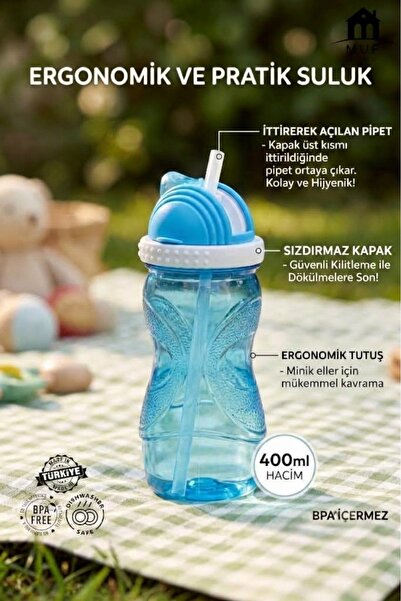 MUF HOME 400 ml Children's Water Bottle with Straw - Practical Easy-Open Stra...