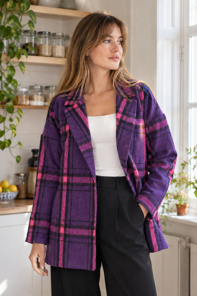 armonika Women's Purple Men's Collar Oversize Jacket with Slits on the Sides ...