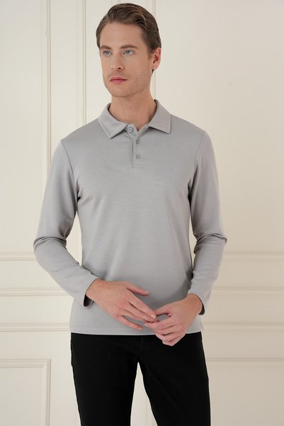 Efor Slim Fit Cotton Long Sleeve Buttoned Gray Polo Collar T-Shirt Ts 893