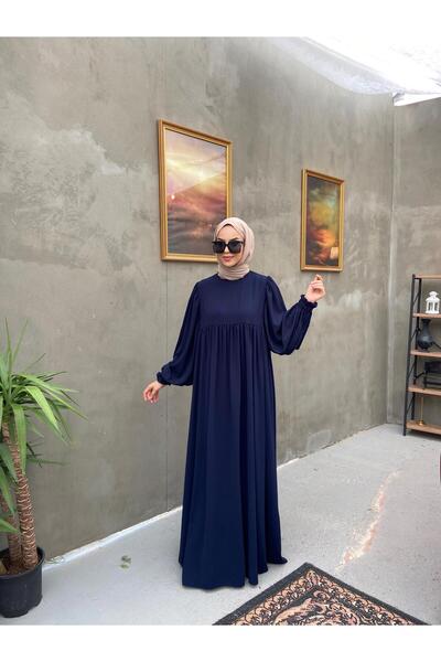 Berel Moda Roba Detailed Balloon Sleeve Flowing Ponch Dress Navy Blue